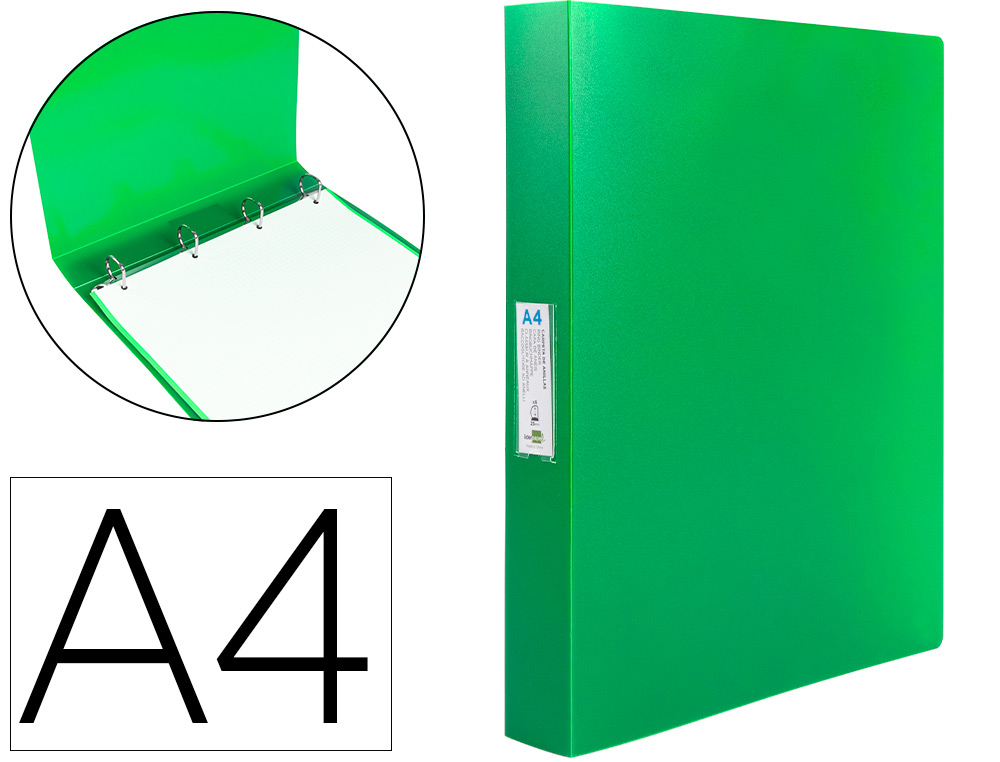 Carpeta 4 anillas 25 mm. Liderpapel A4 PP verde manzana